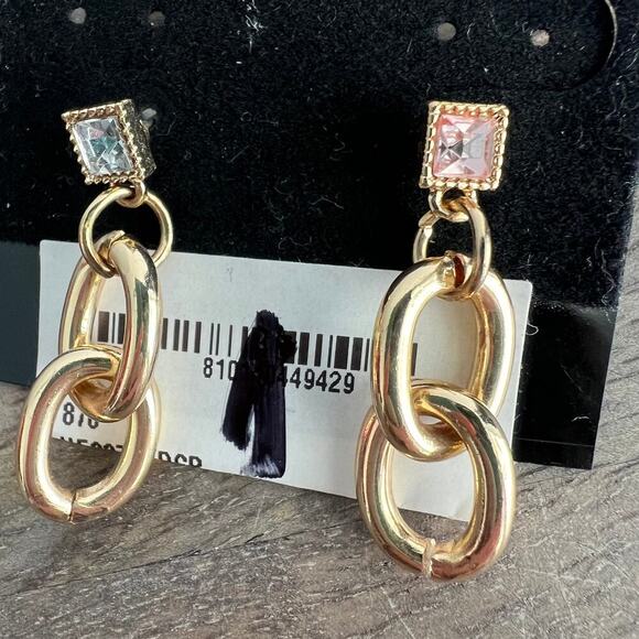 New Gold Tone Dangle Drop Pink and Clear Crystal Earrings - Picture 2 of 4